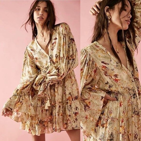 ROCOCO SAND Cara Mini Dress NWT Womens Small Floral Metallic Free People Boho - Picture 1 of 15